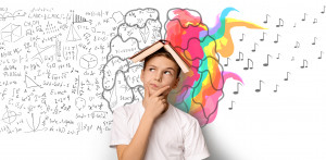 Boy Thinking Holding Book On Head Over White Background, Collage Geheugentraining in Oss