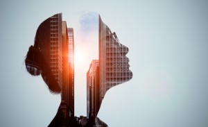 Double exposure of woman silhouette and modern city skyline. Geheugentraining in Oss